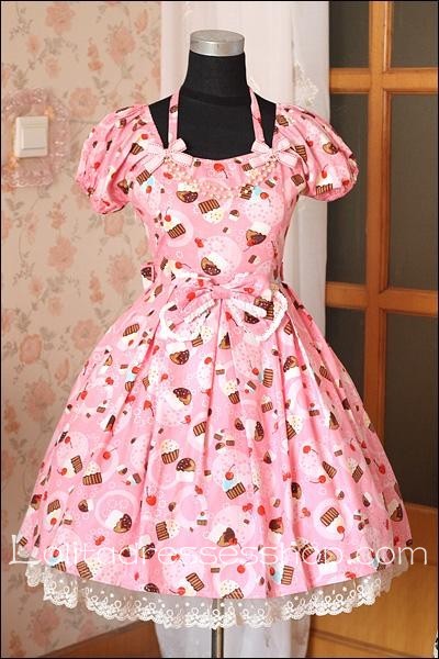 Pink Cotton Square-collar Short Sleeve Ice Cream Cherry Lolita Dress