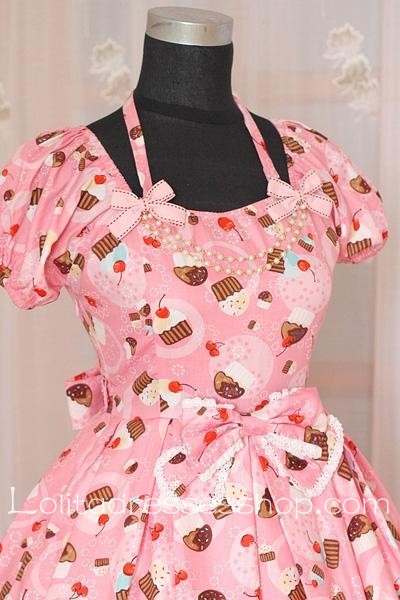 Pink Cotton Square-collar Short Sleeve Ice Cream Cherry Lolita Dress