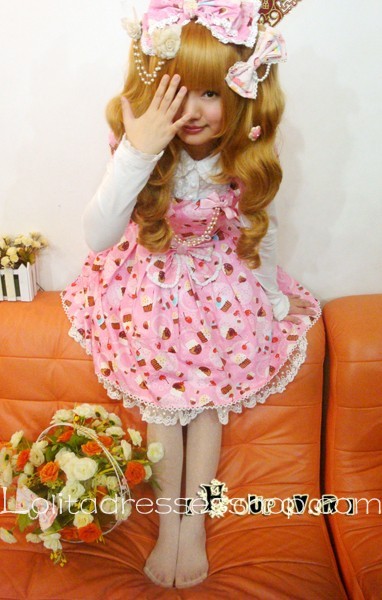 Pink Cotton Square-collar Short Sleeve Ice Cream Cherry Lolita Dress