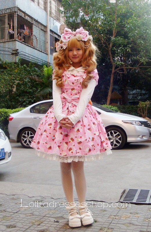 Pink Cotton Square-collar Short Sleeve Ice Cream Cherry Lolita Dress