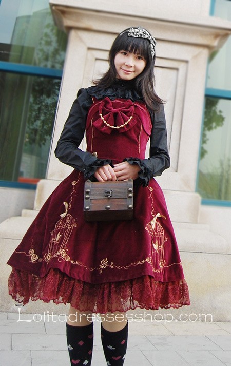 Black Cotton Cage Bird Golden Embroidery Gothic Lolita Dress