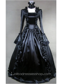 Black Cotton Square-collar Long Sleeve Floor-length Pleats Gothic Lolita Dress