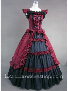 Red And Black Cotton Square-collar Sleeveless Floor-length Tiers Gothic Lolita Dress