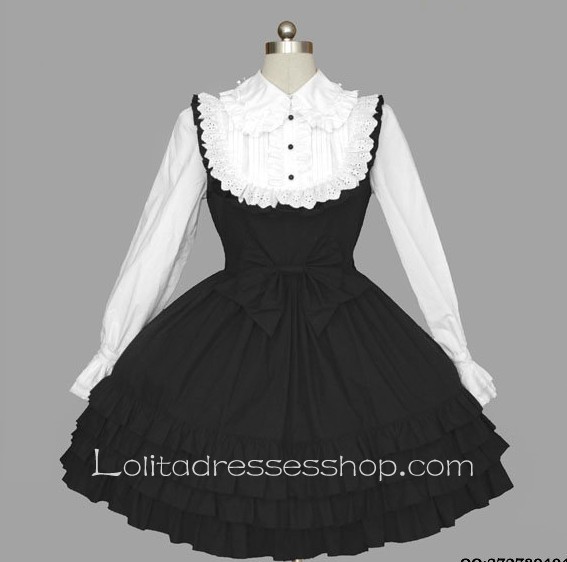 Black And White Cotton Doll Collar Long Sleeve Empire Knee-length Ruffle Gothic Lolita Dress