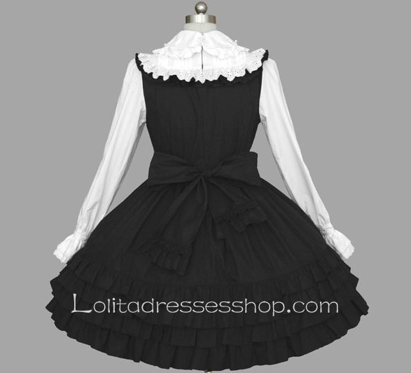 Black And White Cotton Doll Collar Long Sleeve Empire Knee-length Ruffle Gothic Lolita Dress