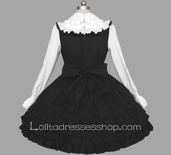 Black And White Cotton Doll Collar Long Sleeve Empire Knee-length Ruffle Gothic Lolita Dress