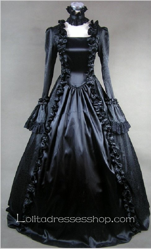 Black Cotton Square-collar Long Sleeve Floor-length Pleats Gothic Lolita Dress