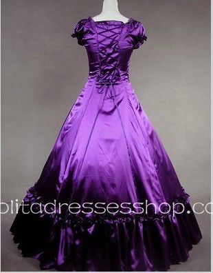 Purple And Black Cotton Square-collar Cap Sleeve Floor-length Pleats Gothic Lolita Dress