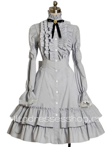 Silver Cotton Stand Collar Long Sleeve Tea-length Bowknot Gothic Lolita Dress