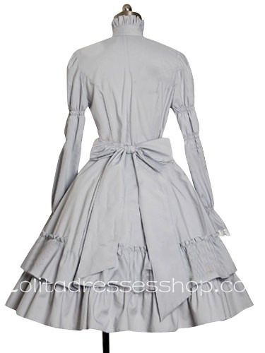 Silver Cotton Stand Collar Long Sleeve Tea-length Bowknot Gothic Lolita Dress