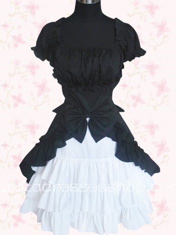 Black And White Cotton Square-collar Cap Sleeve Empire Knee-length Bowknot Gothic Lolita Dress