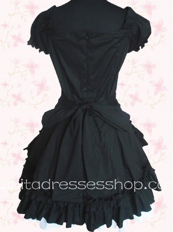 Black And White Cotton Square-collar Cap Sleeve Empire Knee-length Bowknot Gothic Lolita Dress