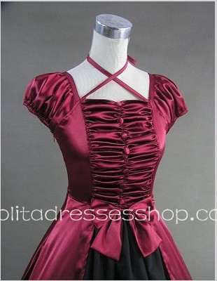 Red And Black Cotton Square-collar Cap Sleeve Floor-length Tiers Gothic Lolita Dress