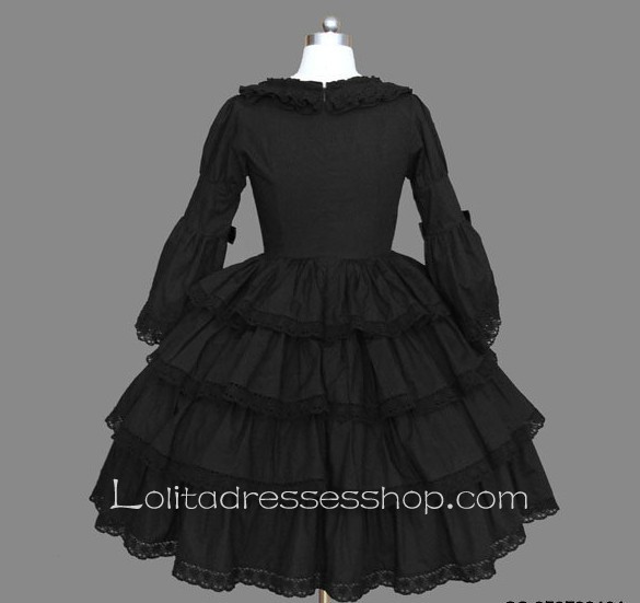 Black Cotton Square-collar Long Sleeve Knee-length Bowknot Gothic Lolita Dress