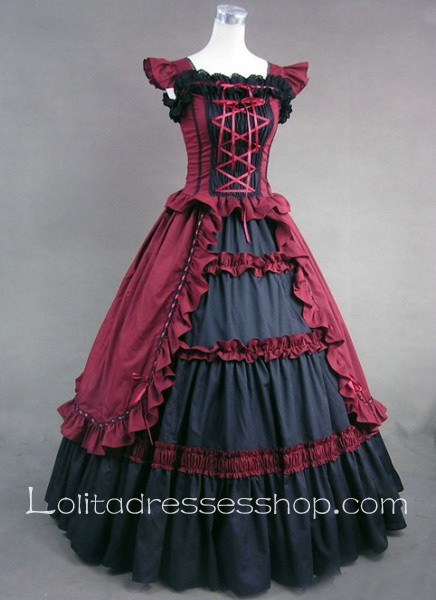Red And Black Cotton Square-collar Sleeveless Floor-length Tiers Gothic Lolita Dress