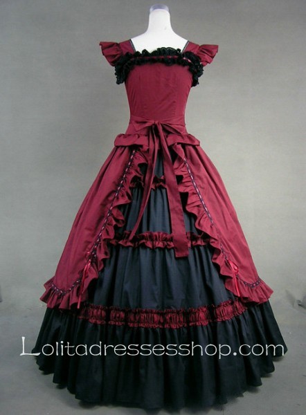 Red And Black Cotton Square-collar Sleeveless Floor-length Tiers Gothic Lolita Dress