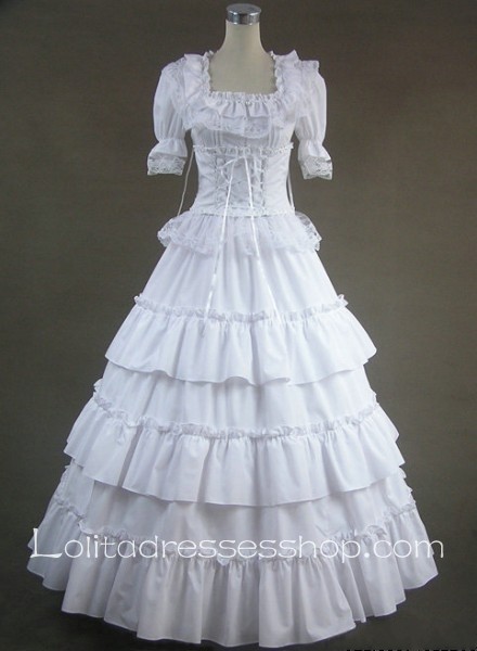 White Cotton Square-collar Short Sleeve Floor-length Tiers Gothic Lolita Dress