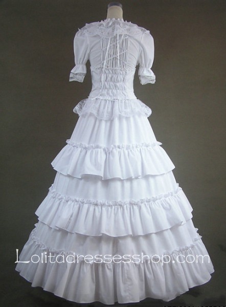 White Cotton Square-collar Short Sleeve Floor-length Tiers Gothic Lolita Dress