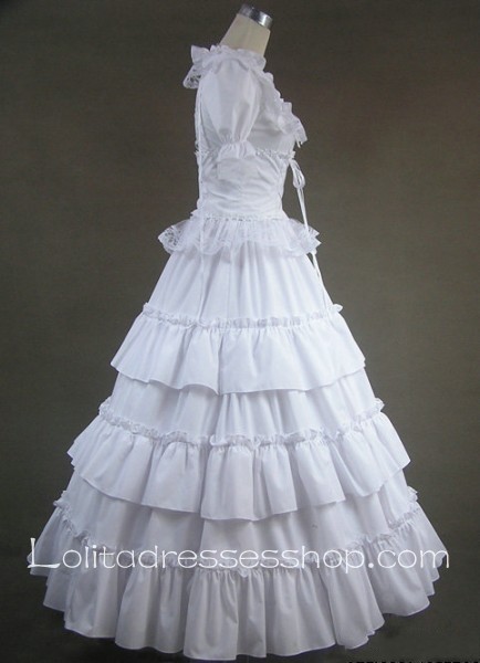 White Cotton Square-collar Short Sleeve Floor-length Tiers Gothic Lolita Dress