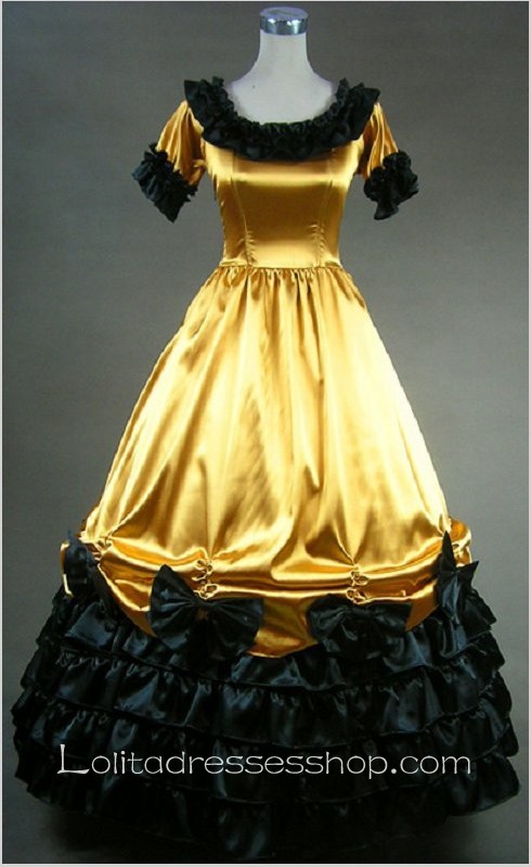 Light Yellow Cotton Round Neck Short Sleeve Floor-length Bowknot Gothic Lolita Dress
