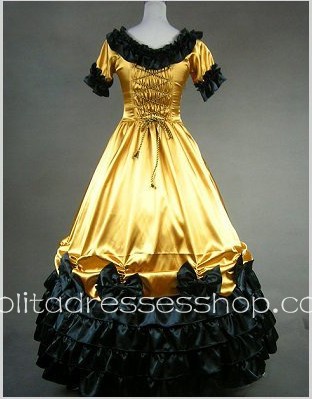 Light Yellow Cotton Round Neck Short Sleeve Floor-length Bowknot Gothic Lolita Dress