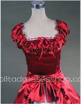 Red And White Cotton Square-collar Cap Sleeve Floor-length Pleats Bowknot Gothic Lolita Dress