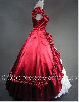 Red And White Cotton Square-collar Cap Sleeve Floor-length Pleats Bowknot Gothic Lolita Dress