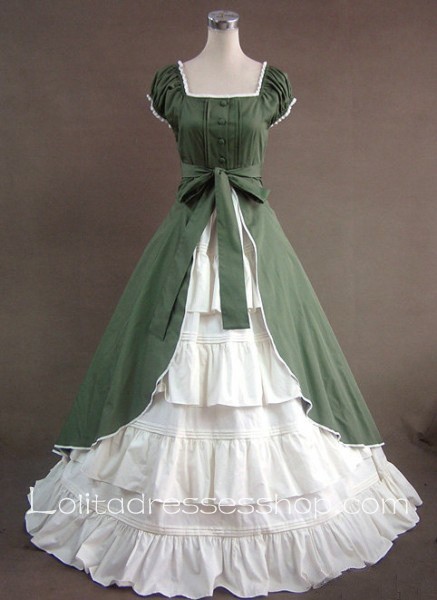 Green And White Cotton Square-collar Cap Sleeve Floor-length Bowknot Tiers Gothic Lolita Dress