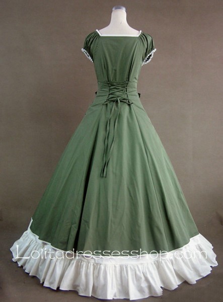 Green And White Cotton Square-collar Cap Sleeve Floor-length Bowknot Tiers Gothic Lolita Dress