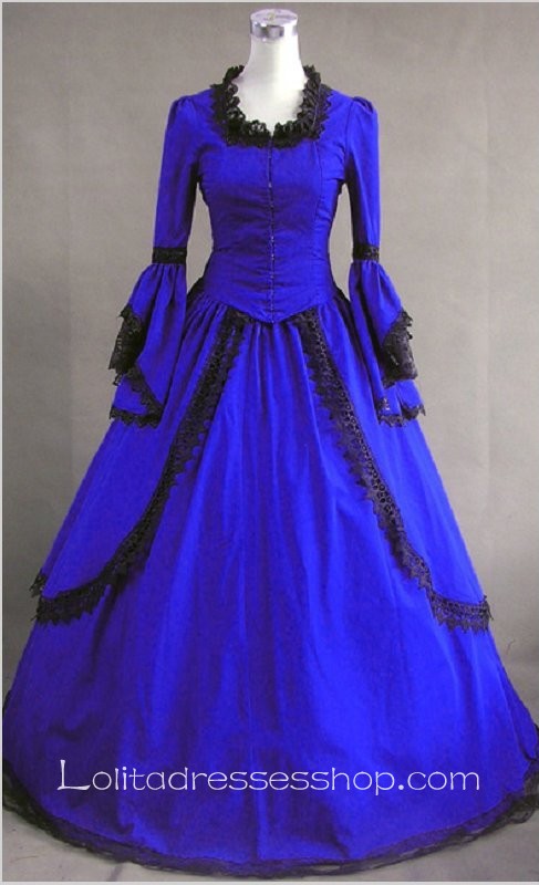 Dark Blue Cotton Square-collar Long Sleeve Floor-length Pleats Gothic Lolita Dress