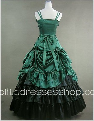 Green Cotton Straps Sleeveless Floor-length Bowknot Tiers Gothic Lolita Dress