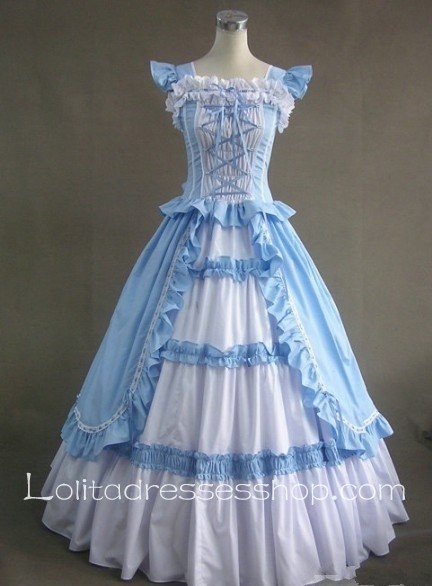 Blue And White Cotton Square-collar Cap Sleeve Floor-length Tiers Gothic Lolita Dress