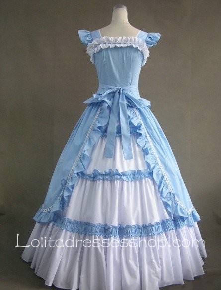 Cheap Blue And White Cotton Square-collar Cap Sleeve Floor-length Tiers ...