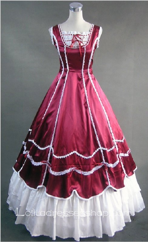 Wine Red And White Cotton Square-collar Sleeveless Floor-length Lace Trim Gothic Lolita Dress