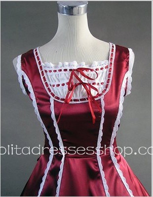 Wine Red And White Cotton Square-collar Sleeveless Floor-length Lace Trim Gothic Lolita Dress
