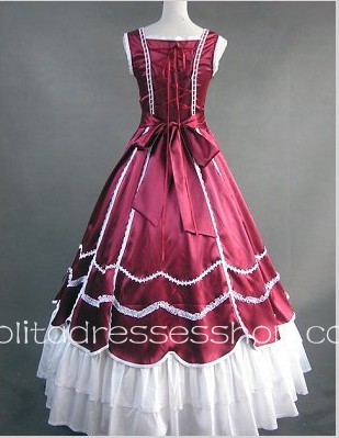 Wine Red And White Cotton Square-collar Sleeveless Floor-length Lace Trim Gothic Lolita Dress