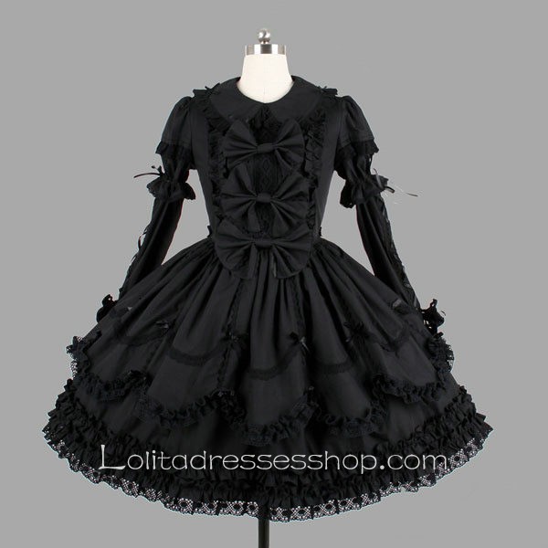 Black Cotton Turndown Collar Long Sleeve Knee-length Bowknot Gothic Lolita Dress