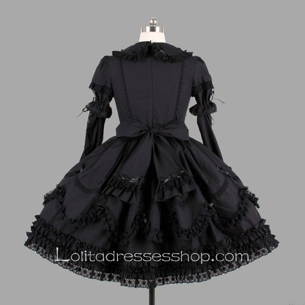 Black Cotton Turndown Collar Long Sleeve Knee-length Bowknot Gothic Lolita Dress