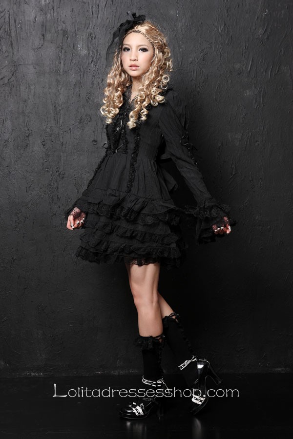 Black Lace Doll collar Long Sleeve Short Lace Trim Gothic Lolita Dress
