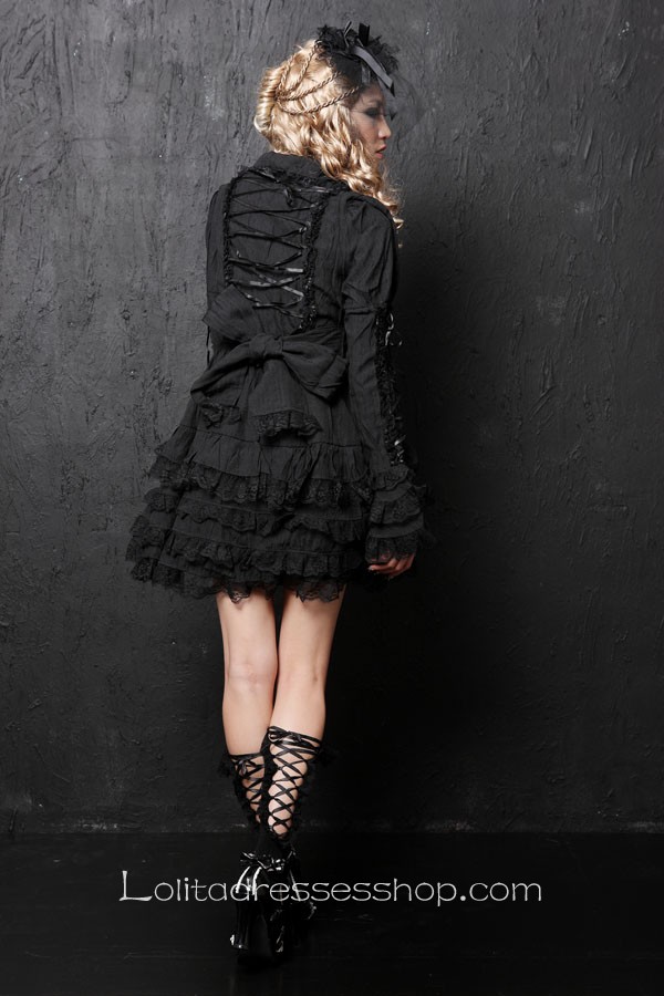 Black Lace Doll collar Long Sleeve Short Lace Trim Gothic Lolita Dress