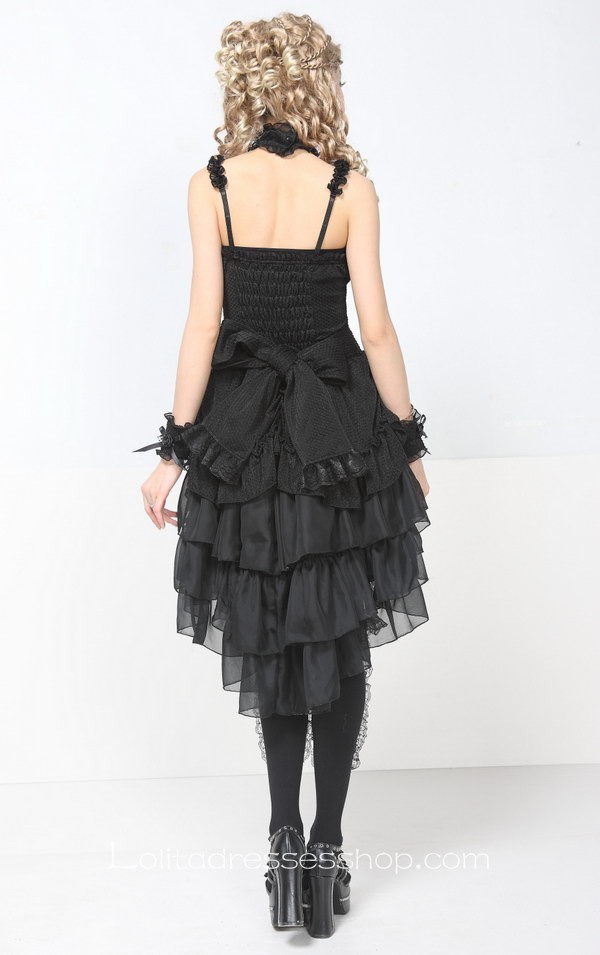 Black Lace Straps Sleeveless Short Lace Trim Gothic Lolita Dress
