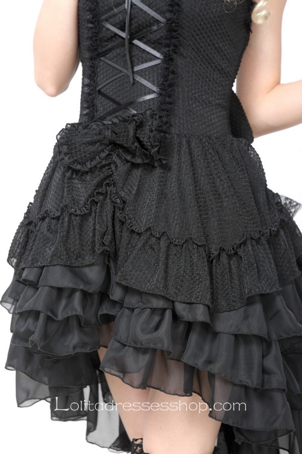 Black Lace Straps Sleeveless Short Lace Trim Gothic Lolita Dress