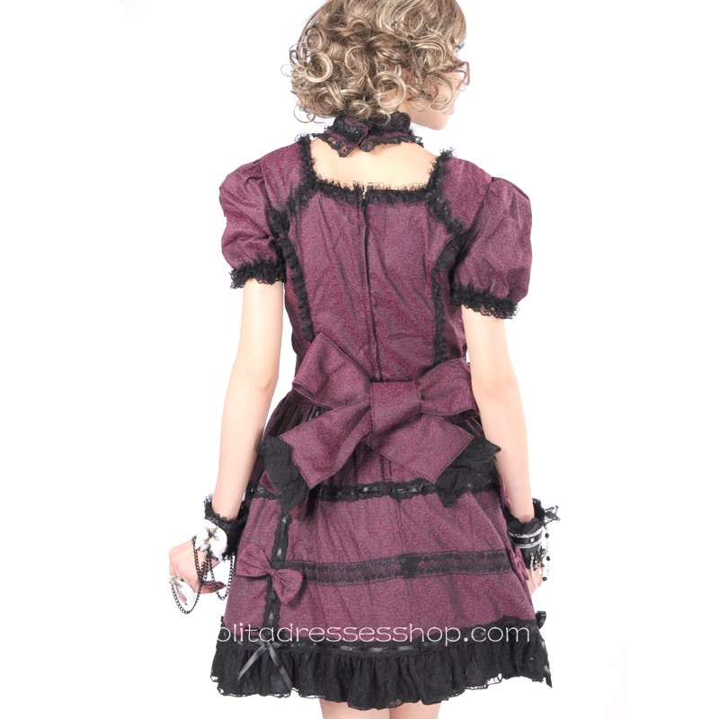 Wine Red Cotton Square-collar Short Sleeve Knee-length Bowknot Gothic Lolita Dress
