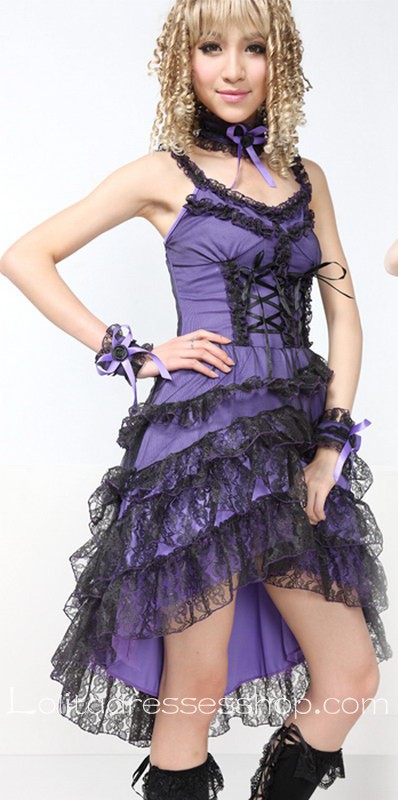 Purple Cotton Straps Sleeveless Knee-length Lace Trim Gothic Lolita Dress