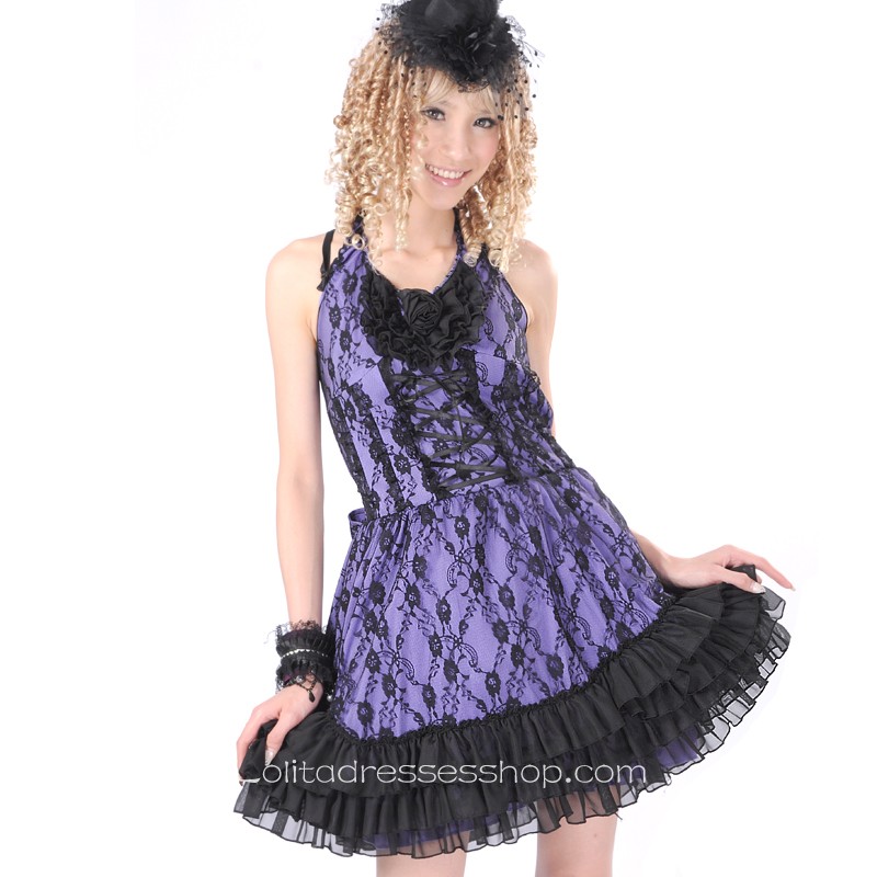 Purple Cotton Straps Sleeveless Short Lace Trim Gothic Lolita Dress