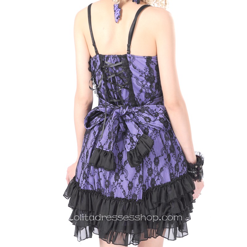 Purple Cotton Straps Sleeveless Short Lace Trim Gothic Lolita Dress