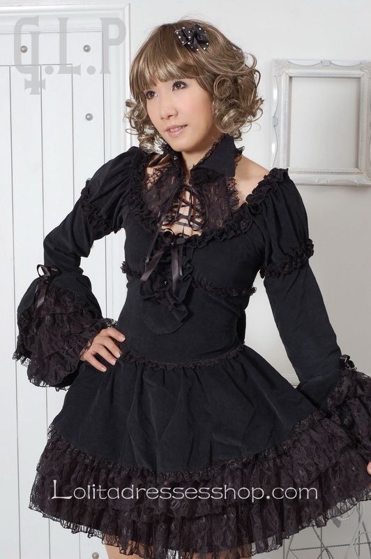 Black Cotton Round Neck Long Sleeve Short Lace Trim Gothic Lolita Dress