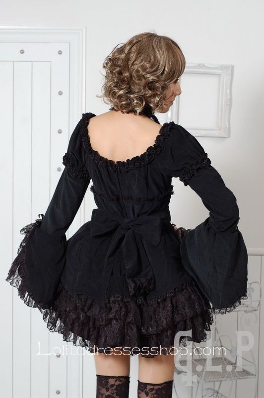 Black Cotton Round Neck Long Sleeve Short Lace Trim Gothic Lolita Dress