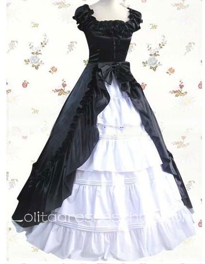 Black And White Cotton Square-collar Cap Sleeves Floor-length Pleats Bowknot Gothic Lolita Dress