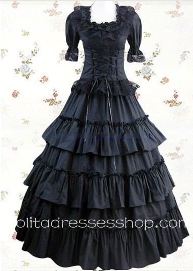 Black Cotton Square-collar Short Sleeve Floor-length Tiers Gothic Lolita Dress